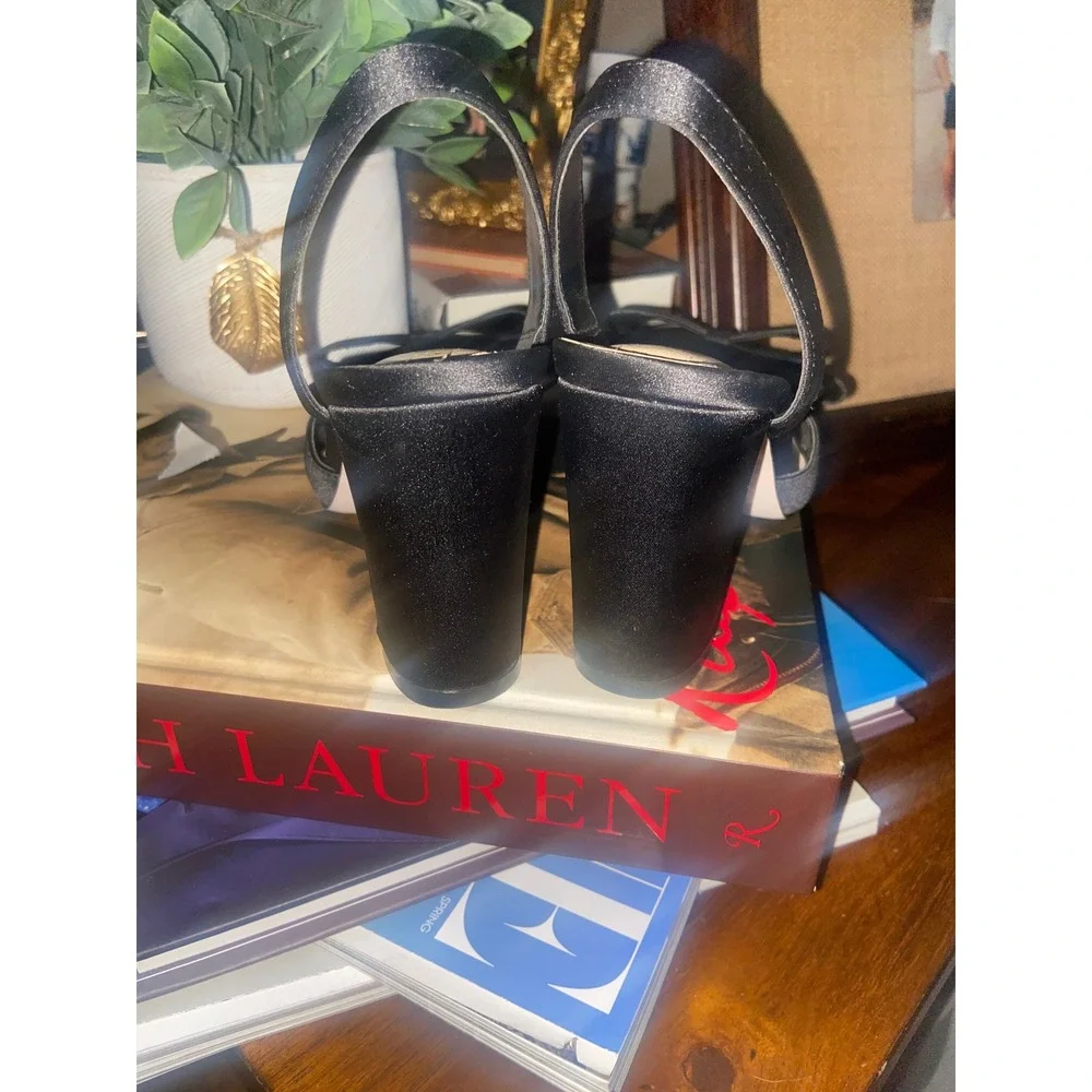 Jessica Simpson Black Satin Bow Slingback Block Heel Pumps Womens 6.5M